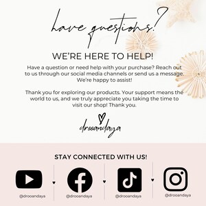 Customer support and thank you page for drooandaya graduation invitation template with social media icons for YouTube, Facebook, TikTok, and Instagram.