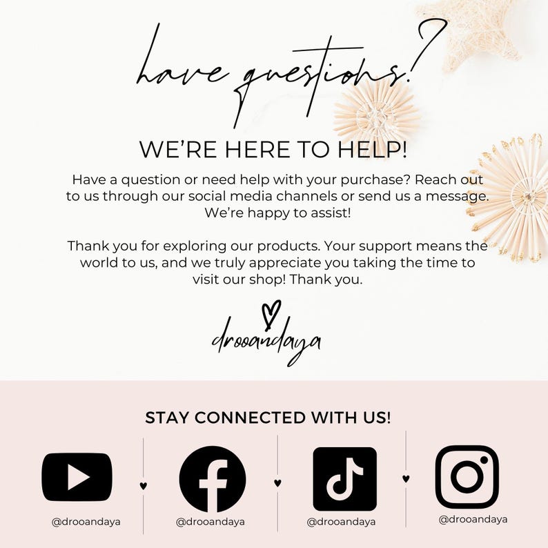 Customer support and thank you page for drooandaya graduation invitation template with social media icons for YouTube, Facebook, TikTok, and Instagram.