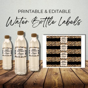 May include: Printable and editable water bottle labels with a leopard print design. The labels feature the text "Happy Birthday Anna" in gold lettering.