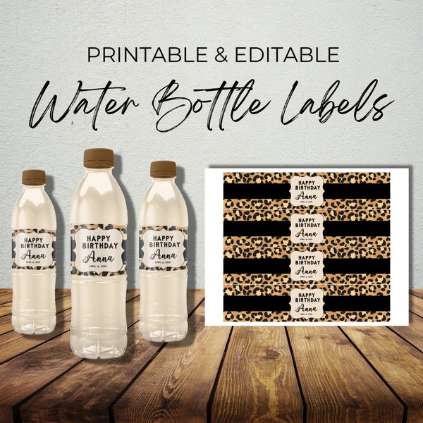 Leopard Water Bottle Template, Water Bottle Wrapper, Personalized Labeled Bottles, Printable Water Bottle Labels, Water Labels