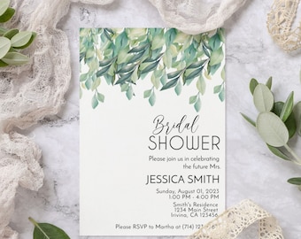 Bridal Shower Invitation Template, Greenery Bridal Shower Theme, Customizable, Editable Wedding Shower Invite, Bridal Shower Party
