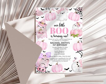 Our Little Boo is Turning One! Halloween 1st Birthday Invitation | Pink Ghost Theme | Editable 5x7 Template | Printable Digital Download