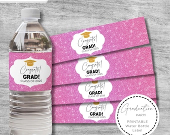 May include: A water bottle with a pink glitter label that says "Congrats! Grad! Class of 2025." Additional labels are stacked to the right. A round sticker reads "Graduation Party Printable Water Bottle Label."