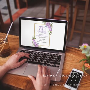 Editable 70th Birthday Party Invitation Template 5x7, Purple Floral Birthday Invitation, 70th Invites Template, Seventieth Birthday Party