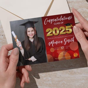 Graduation Party Invitation Template Class of 2025 Red and Gold Photo Design Editable Corjl 5x7 Invite Instant Download Printable Invitation