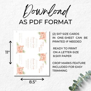 K&ouml;nnte beinhalten: Druckbare PDF-Vorlage im Format 8,5 x 11 Zoll f&uuml;r zwei Babyparty-Einladungen im Format 5 x 7 Zoll. Die Einladungen zeigen ein florales Design mit rosa Blumen und gr&uuml;nen Bl&auml;ttern. Der Text auf den Einladungen lautet "A Sweet Little Girl" und "Michelle Smith's Residence".