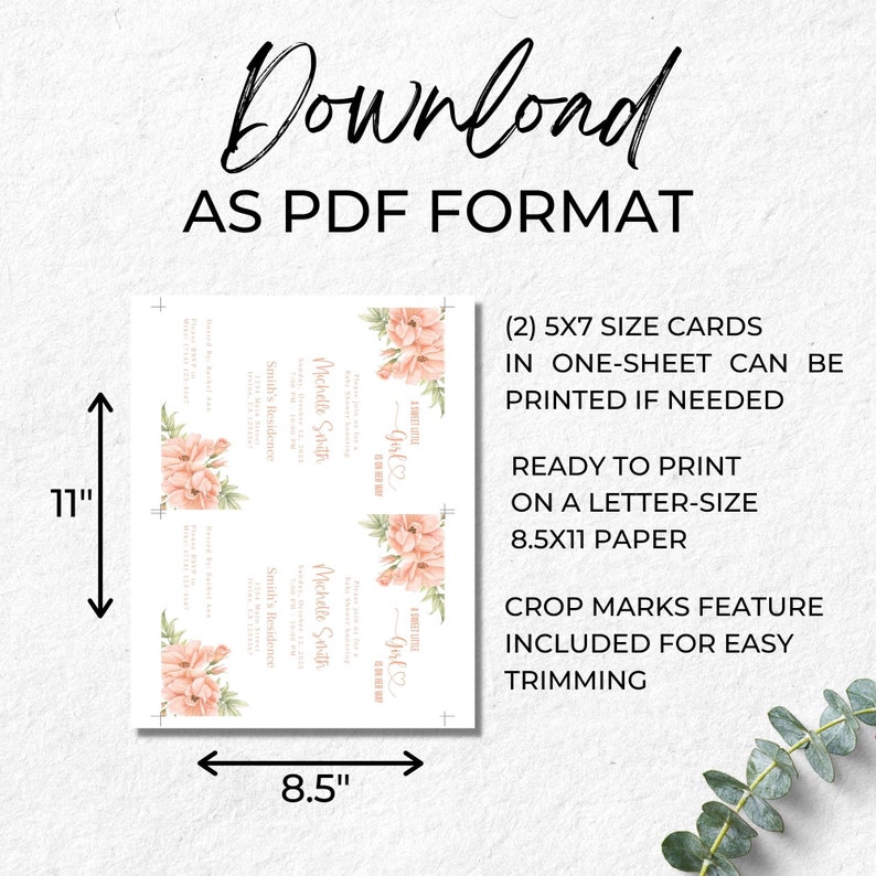 K&ouml;nnte beinhalten: Druckbare PDF-Vorlage im Format 8,5 x 11 Zoll f&uuml;r zwei Babyparty-Einladungen im Format 5 x 7 Zoll. Die Einladungen zeigen ein florales Design mit rosa Blumen und gr&uuml;nen Bl&auml;ttern. Der Text auf den Einladungen lautet "A Sweet Little Girl" und "Michelle Smith's Residence".