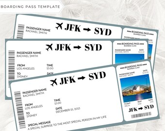 May include: A printable boarding pass template with a blue background and the text "JFK - SYD" in white. The template includes fields for passenger name, flight details, and a special message.