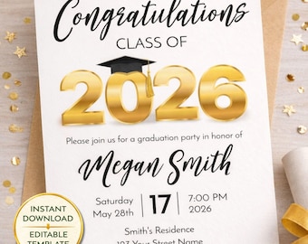 Editable Graduation Invitation 2026 Black and Gold, Class of 2026 Photo Grad Party Invite Template, Elegant Graduation Announcement Corjl