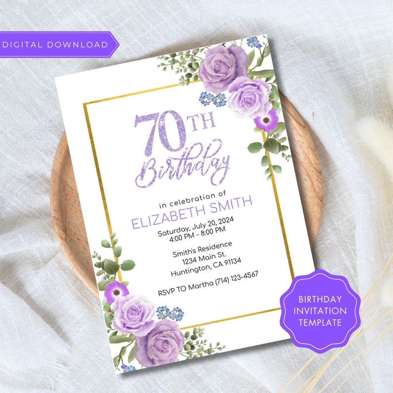 Editable 60th or 70th Birthday Party Invitation Template 5x7, Purple Floral Birthday Invitation, 70th Invites Template, 60th Bday, 70th Bday