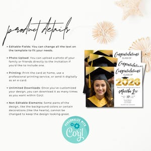 Graduation invitation product details page highlighting editable text fields, photo upload option, printing flexibility, unlimited downloads, and Corjl personalization.