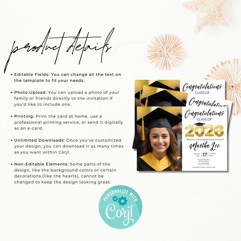 Graduation invitation product details page highlighting editable text fields, photo upload option, printing flexibility, unlimited downloads, and Corjl personalization.