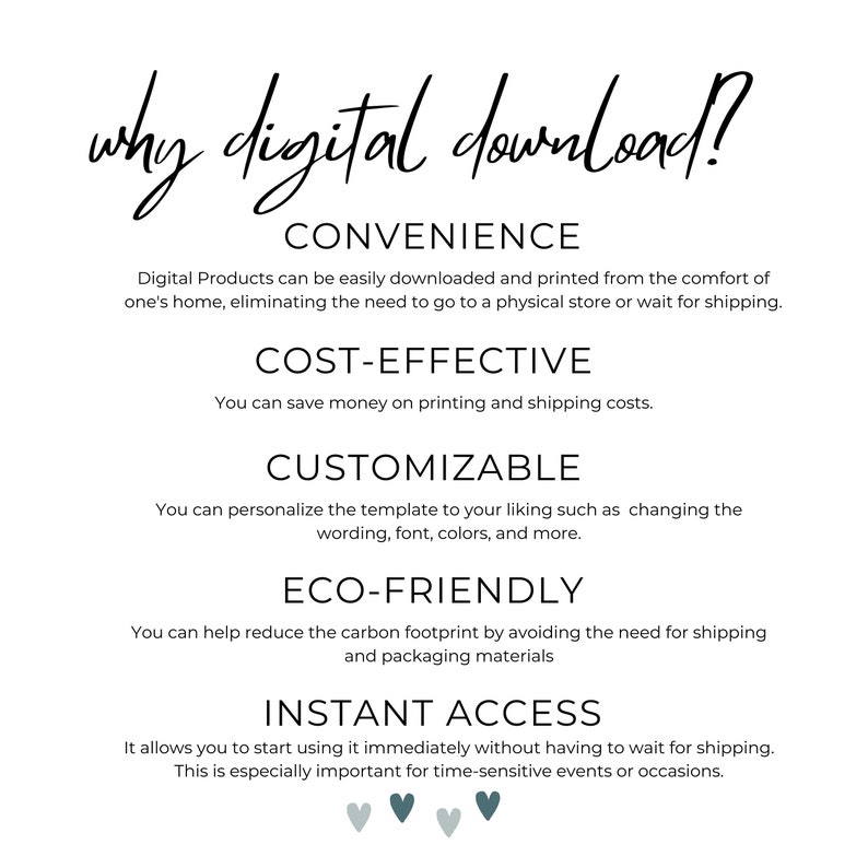 May include: A graphic with the text "why digital download?" and a list of reasons why digital downloads are convenient, cost-effective, customisable, eco-friendly, and provide instant access.