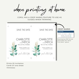以下が含まれることがあります： 緑と金の植物柄の結婚式の招待状が2枚。カードには「Charlotte and Mitch are getting married」という文言と、日付と場所が記載されています。カードは1枚の紙に印刷されており、切り取りやすいように裁断線が入っています。