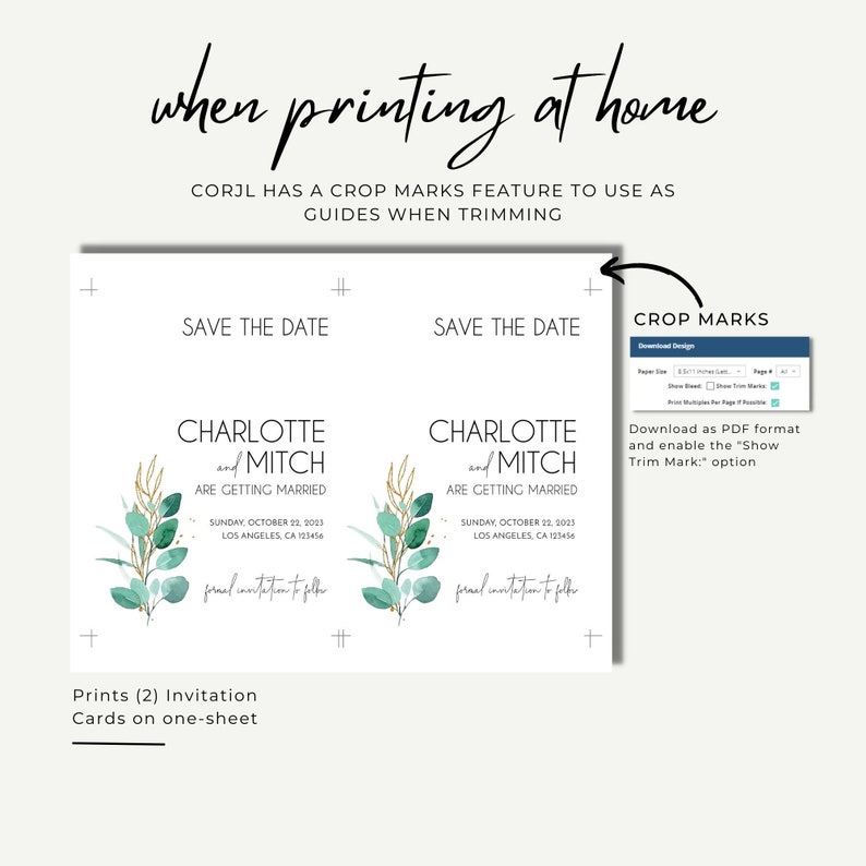 以下が含まれることがあります： 緑と金の植物柄の結婚式の招待状が2枚。カードには「Charlotte and Mitch are getting married」という文言と、日付と場所が記載されています。カードは1枚の紙に印刷されており、切り取りやすいように裁断線が入っています。