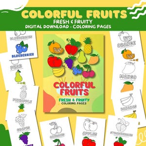 Colorful Fruits Printable Coloring Pages for Kids, 8.5x11 PDF Digital Download, 10 Fun Fruit-Themed Pages, Instant Download, Print at Home