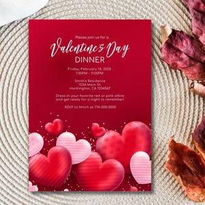 Plantilla de invitación a la cena del día de San Valentín, diseño de corazón rojo editable, descarga instantánea en formato Corjl 5x7, tarjeta de evento personalizada para el día de San Valentín