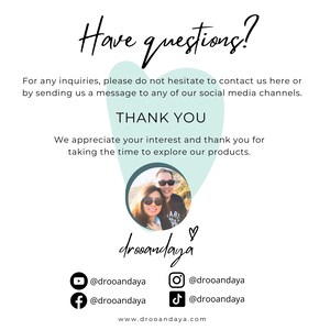 Puede incluir: Una pareja posa para una foto frente a un fondo verde en forma de coraz&oacute;n. El texto "Have questions?" est&aacute; en la parte superior de la imagen. El texto "THANK YOU" est&aacute; debajo de la pareja. El texto "We appreciate your interest and thank you for taking the time to explore our products." est&aacute; debajo del texto "THANK YOU". El texto "drooandaya" est&aacute; debajo de la pareja. El texto "@drooandaya" est&aacute; debajo del texto "drooandaya". El texto "www.drooandaya.com" est&aacute; en la parte inferior de la imagen.