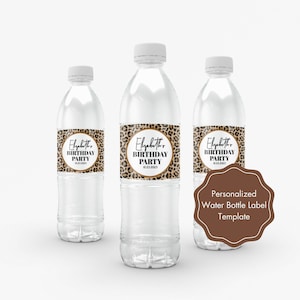 Modello personalizzato per involucri di bottiglie d&#39;acqua a tema leopardo, etichetta scaricabile per bottiglie d&#39;acqua a tema leopardo, etichette per bottiglie d&#39;acqua per feste di compleanno