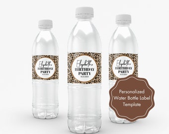 Personalized Leopard Theme Water Bottle Wrappers Template, Downloadable Leopard Theme Water Bottle Label, Birthday Party Water Bottle Labels