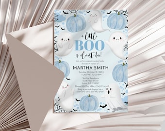 A Little Boo is Almost Due! Halloween Baby Shower Invitation | Blue Ghost Theme | Editable 5x7 Template | Printable Digital Download