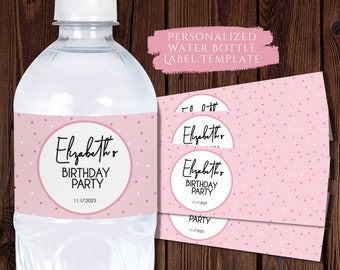 Puede incluir: Etiquetas de botella de agua rosa y blanca con un círculo blanco y texto negro que dice "Elizabeth's Birthday Party 11.17.2023".