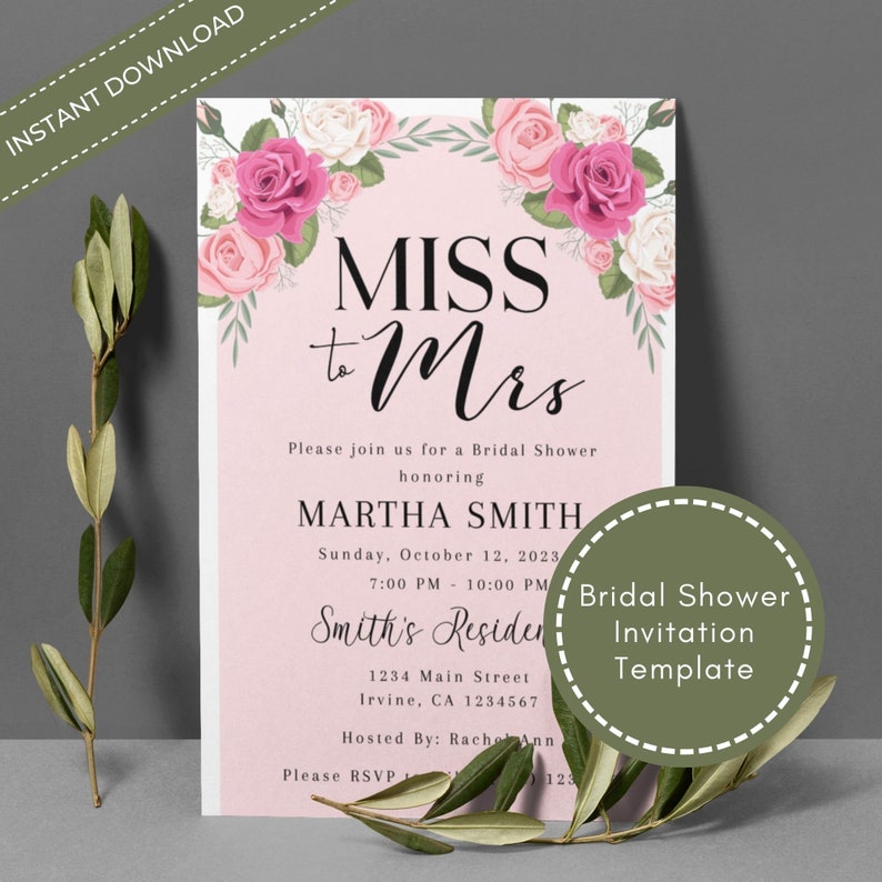 Floral Miss to Mrs Bridal Shower Invitation | Editable Corjl Template | Printable 5x7 Invite | Digital Download | Instant Access