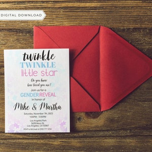 May include: A gender reveal party invitation with a blue and pink watercolor background and stars. The text reads "twinkle TWINKLE little star Do you know how loved you are? Join us for a GENDER REVEAL in honor of Mike & Martha Saturday, November 7th, 2023 1:00PM-5:00PM Los Angeles Park 5678 Main St. Los Angeles, CA 92867 RSVP to Michael at (310) 777-1234"