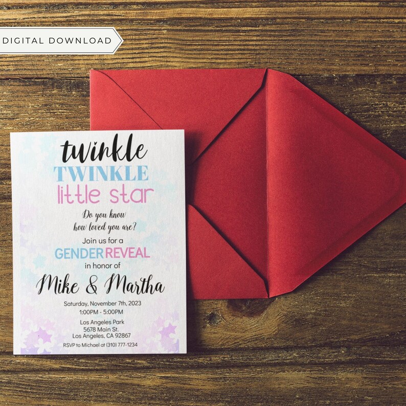 May include: A gender reveal party invitation with a blue and pink watercolor background and stars. The text reads "twinkle TWINKLE little star Do you know how loved you are? Join us for a GENDER REVEAL in honor of Mike & Martha Saturday, November 7th, 2023 1:00PM-5:00PM Los Angeles Park 5678 Main St. Los Angeles, CA 92867 RSVP to Michael at (310) 777-1234"