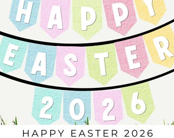 Happy Easter 2026 Banner Printable, Pastel Easter Egg Banner, Spring Party Decor, Easter Party Garland, Instant Download PDF