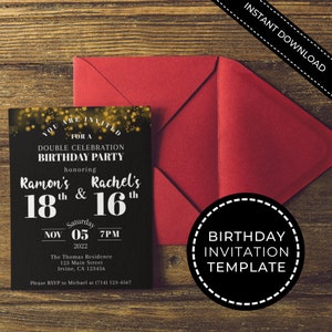 Double Celebration Birthday Invitation Template, Gold Birthday Invitation, Templates Birthday Invitation, Joint Birthday Invitation
