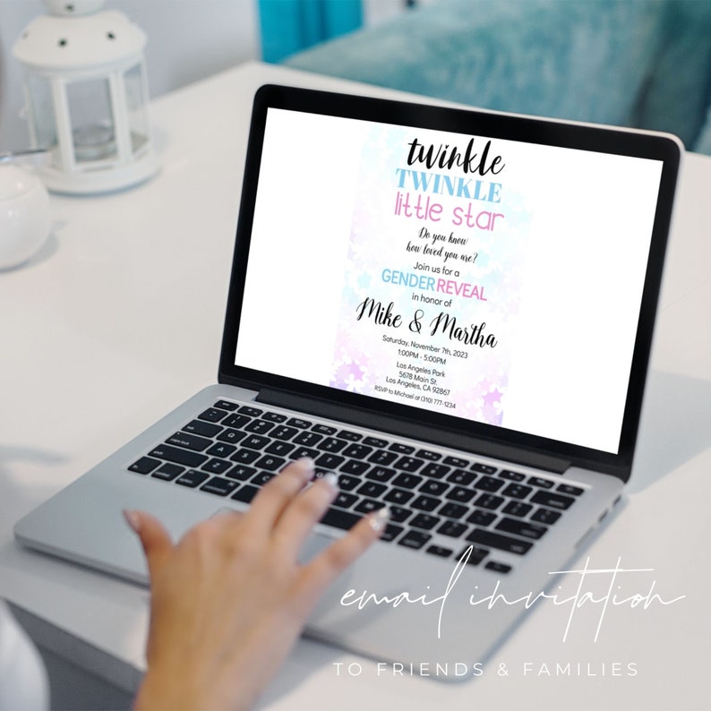 May include: A laptop screen displaying a gender reveal party invitation with a blue and pink watercolor background. The invitation reads "twinkle twinkle little star" and includes the names "Mike & Martha".