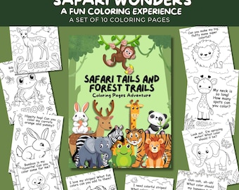 Puede incluir: Un conjunto de 10 páginas para colorear con animales de safari y criaturas del bosque. Las páginas incluyen un ciervo, una rana, un panda, una jirafa, un elefante, una cebra, un tigre, un mono y un león. Las páginas son en blanco y negro y tienen indicaciones de texto divertidas para colorear.