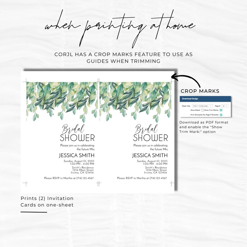 May include: Two printable bridal shower invitations featuring a watercolour design of green leaves. The invitations include the text "Bridal Shower" and the bride's name, Jessica Smith. The text "Please join us in celebrating the future Mrs. Jessica Smith" is also included. The invitations are designed to be printed on one sheet of paper.