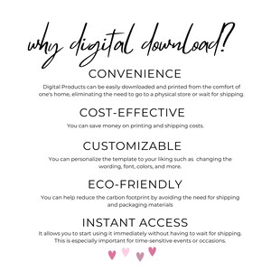 May include: A graphic with the text "why digital download?" and a list of reasons why digital downloads are convenient, cost-effective, customizable, eco-friendly, and provide instant access.