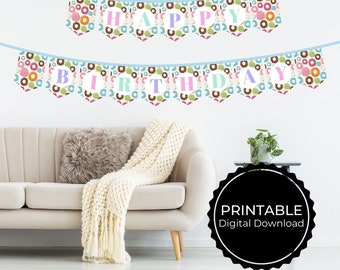 Donut Theme Printable Happy Birthday Banner for a Donut Party Birthday Party, Digital Download, Happy Birthday Banner