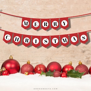 Merry Christmas Printable Banner, Christmas Printable, Red and Black Christmas Bunting, Holiday Bunting, Christmas Garland
