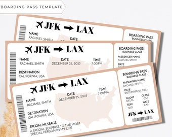 May include: A stack of boarding pass templates with a light peach background. The tickets are labeled "JFK to LAX" with the name "Rachael Smith" and the date "December 25, 2023". One ticket includes the text "A special surprise to the most special person in my life."