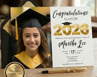 Editable Graduation Invitation Template 2026, Gold Class of 2026 Photo Invite, Modern Grad Party Invitation, Corjl Template Instant Download