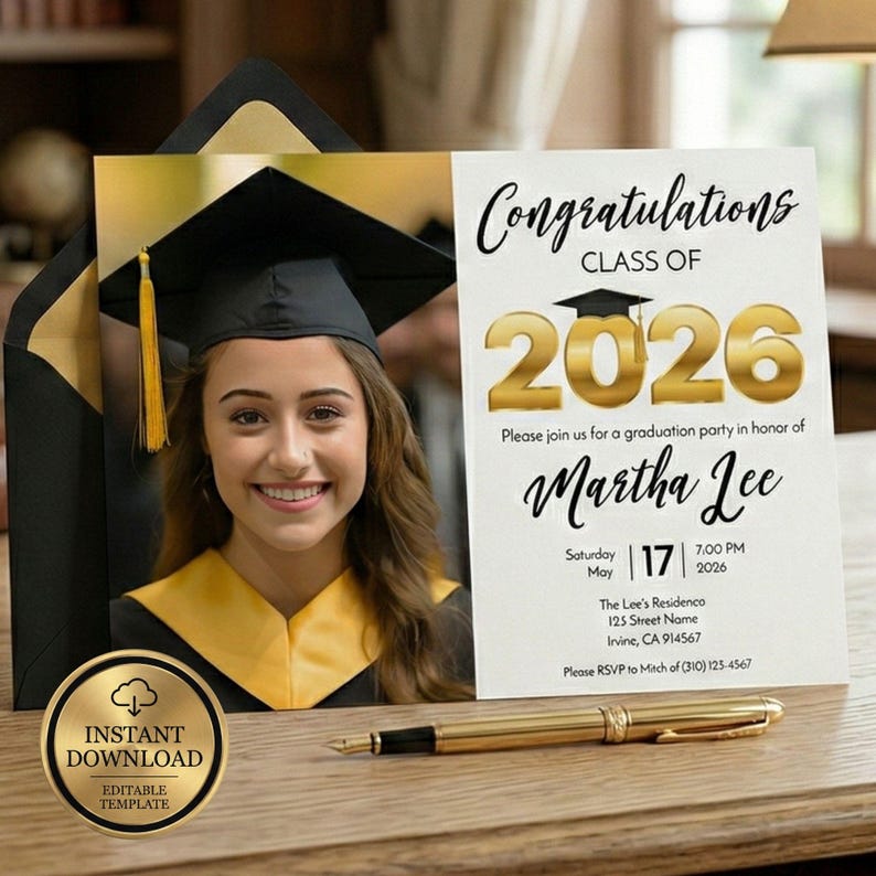 Graduation party invitation mockup featuring a graduate photo on the left and editable black and gold Class of 2026 invitation on the right, instant download template.