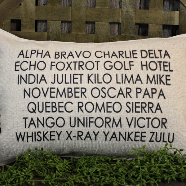 Phonetic Alphabet Pillow: Linen Aviator Decor