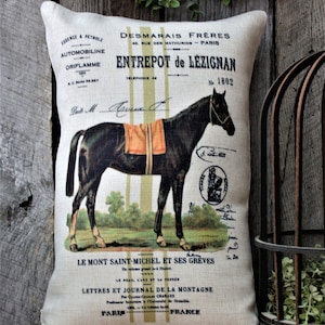 French Country Horse Pillow: Linen Equestrian Farmhouse Decor
