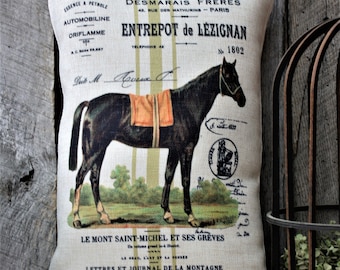 French Country Horse Pillow: Linen Equestrian Farmhouse Decor