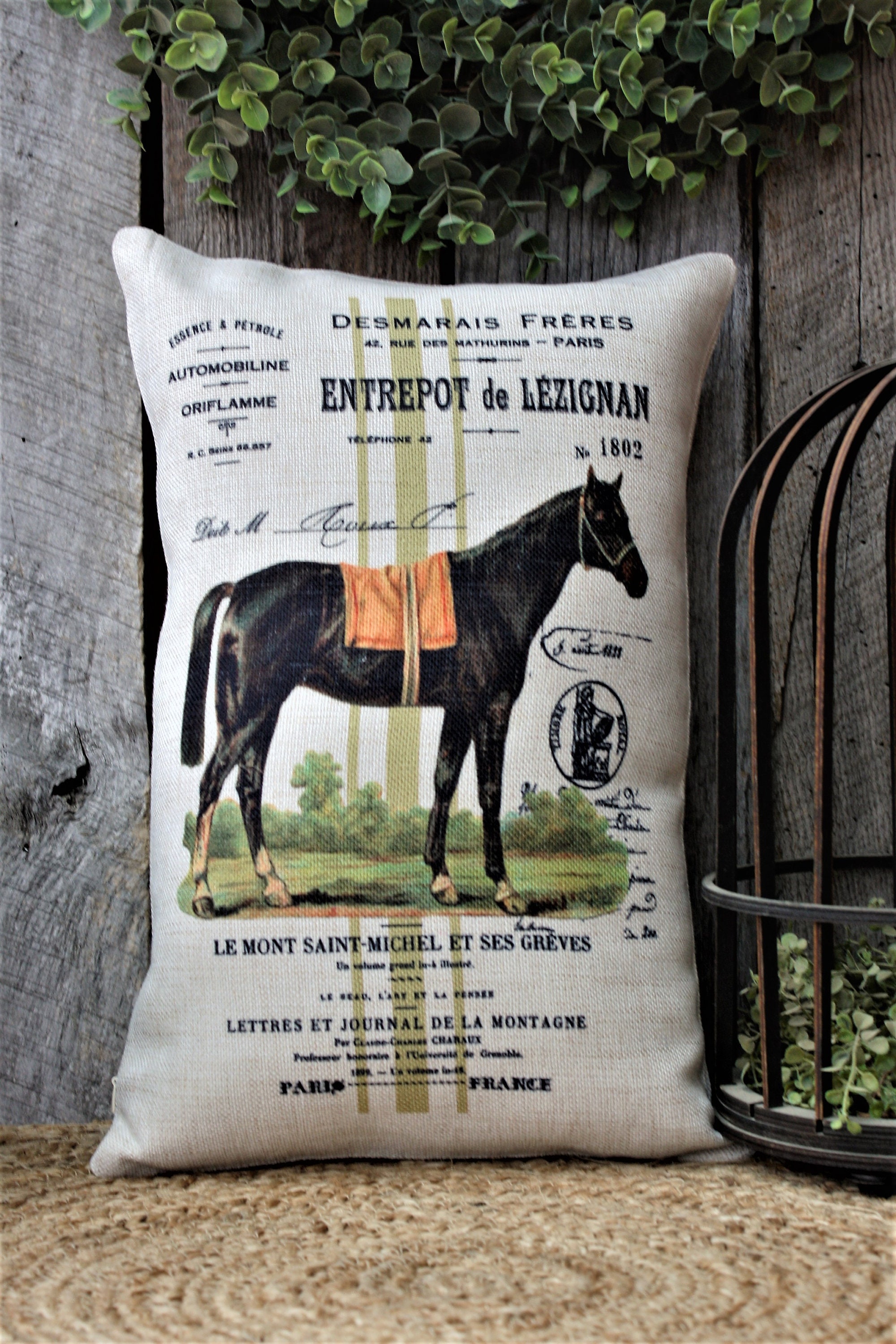 French Country Horse Pillow Equestrian Decor French Vintage