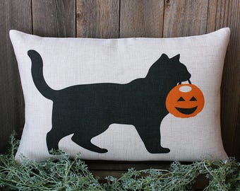 Black Cat Halloween Pillow Cover: Linen Fall Decor (12x18)