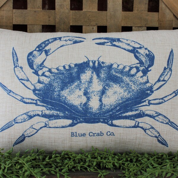 Crab Pillow, Crab Decor, Blue Crab, Beach Pillow, Beach Decor, Coastal Pillow, Coastal Decor, Coastal Cushion, Under 50 Dollars