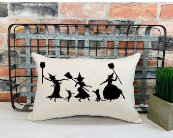 Witch & Cat Silhouette Pillow: Linen Halloween Decor