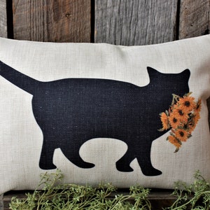 Sunflower Cat Pillow: Linen Blend Decorative Throw Pillow