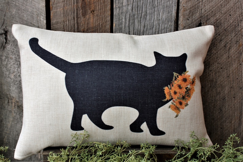 Cat with Sunflowers, Summer Cat, Cat Pillow, Cat Decor, Cat Lover Gift image 1