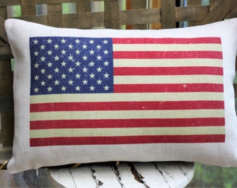 American Flag Pillow: Linen Burlap Patriotic Decor (12x18)